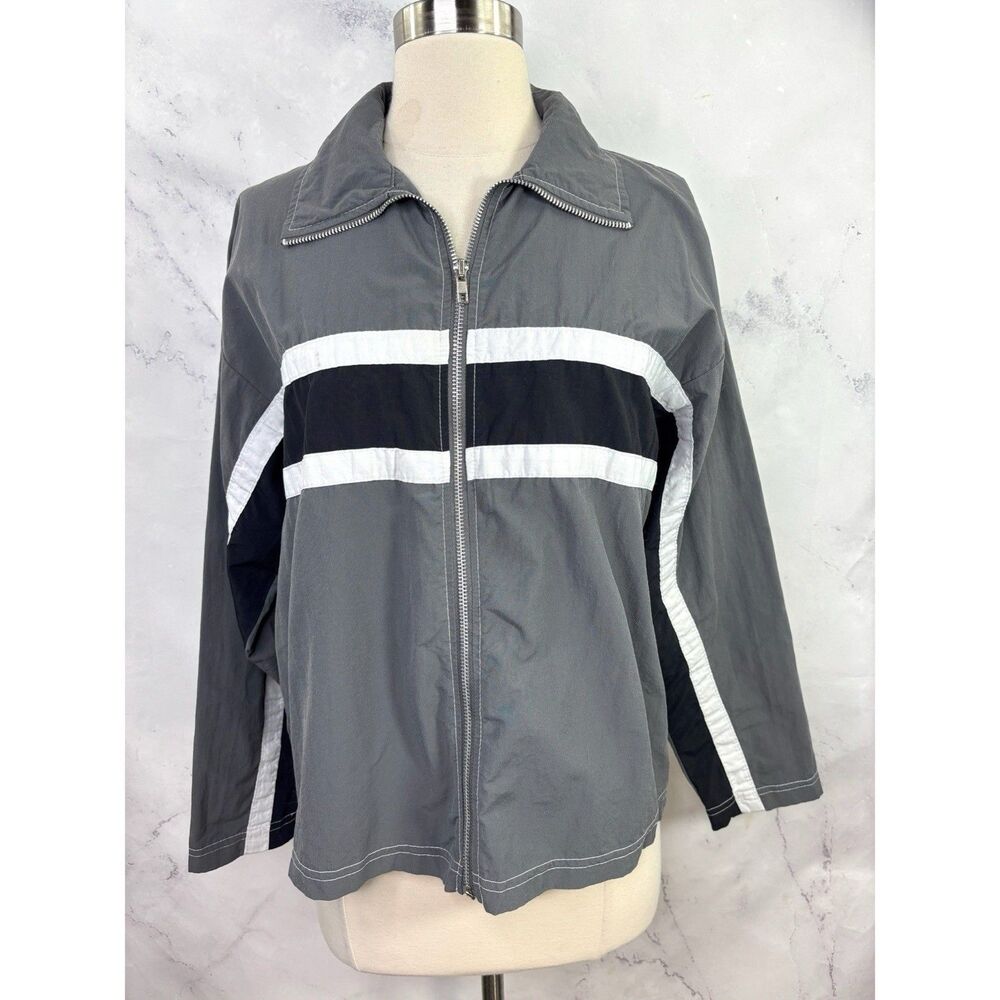 Vtg y2k Big Flirt Zip Up Bomber Jacket Y2k Windbreaker Gray Womens L Retro USA